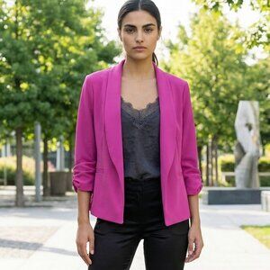 Maurice's Vivid Pink Open Blazer 3/4 Length Ruched Sleeve Size XL